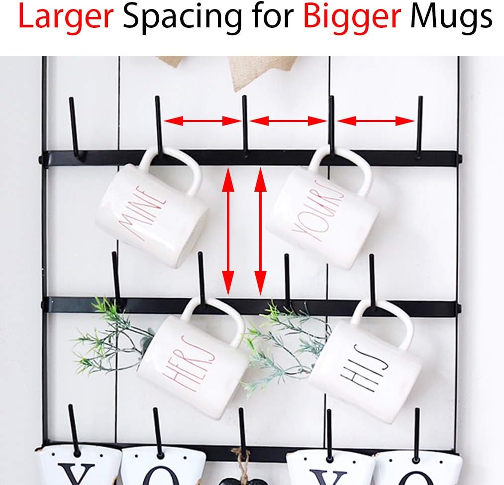Wall Mounted Coffee Mug Rack - Large Rustic Black Iron Steel Kitchen Rack with 6 Rows - Storage for 27 Cups - Jar &