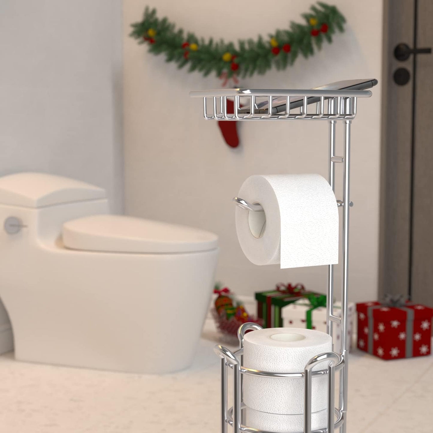 TreeLen Toilet Paper Holder Stand Toilet Tissue Roll Holder with Shelf for Bathroom Storage Holds Phone/ Wipe/ Mega