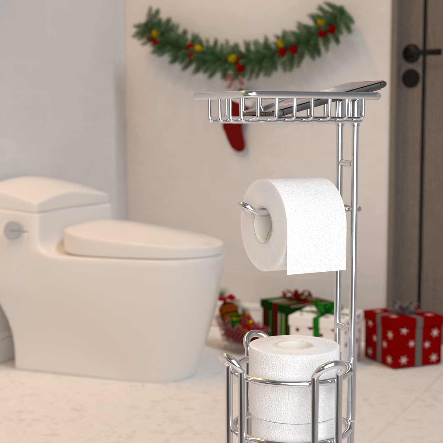 TreeLen Toilet Paper Holder Stand Toilet Tissue Roll Holder with Shelf for Bathroom Storage Holds Phone/ Wipe/ Mega