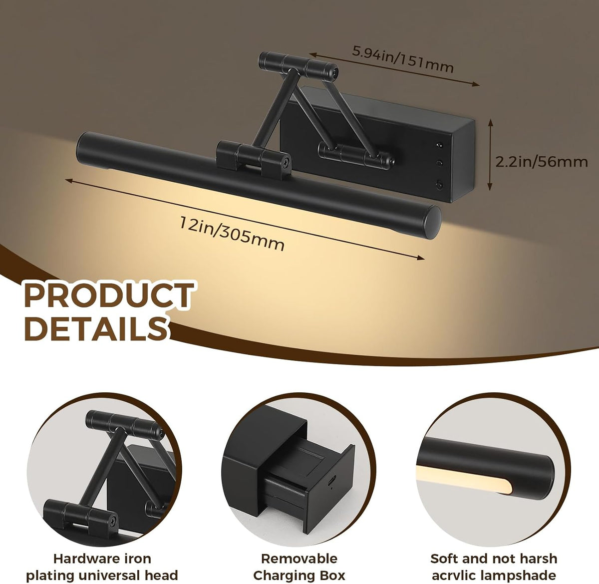 Battery Operated Picture Lights for Wall, Wireless Gallery Lights Black | Dimmable Picture Lighting with Remote and