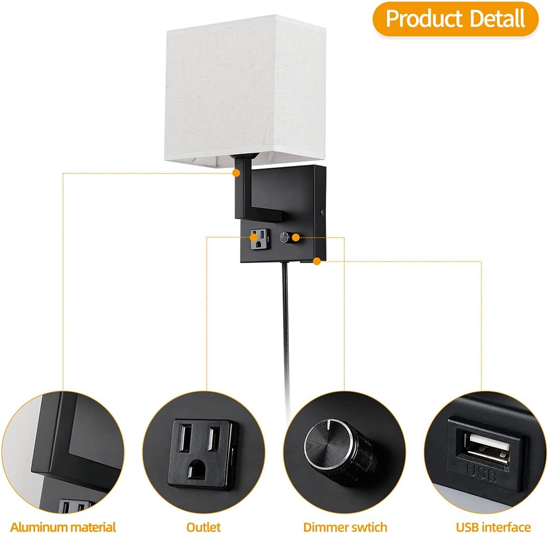 Plug in Wall Sconce, Bedside Wall lamp with Plug and dimmable Switch, with USB Charging Port and Socket, Suitable for