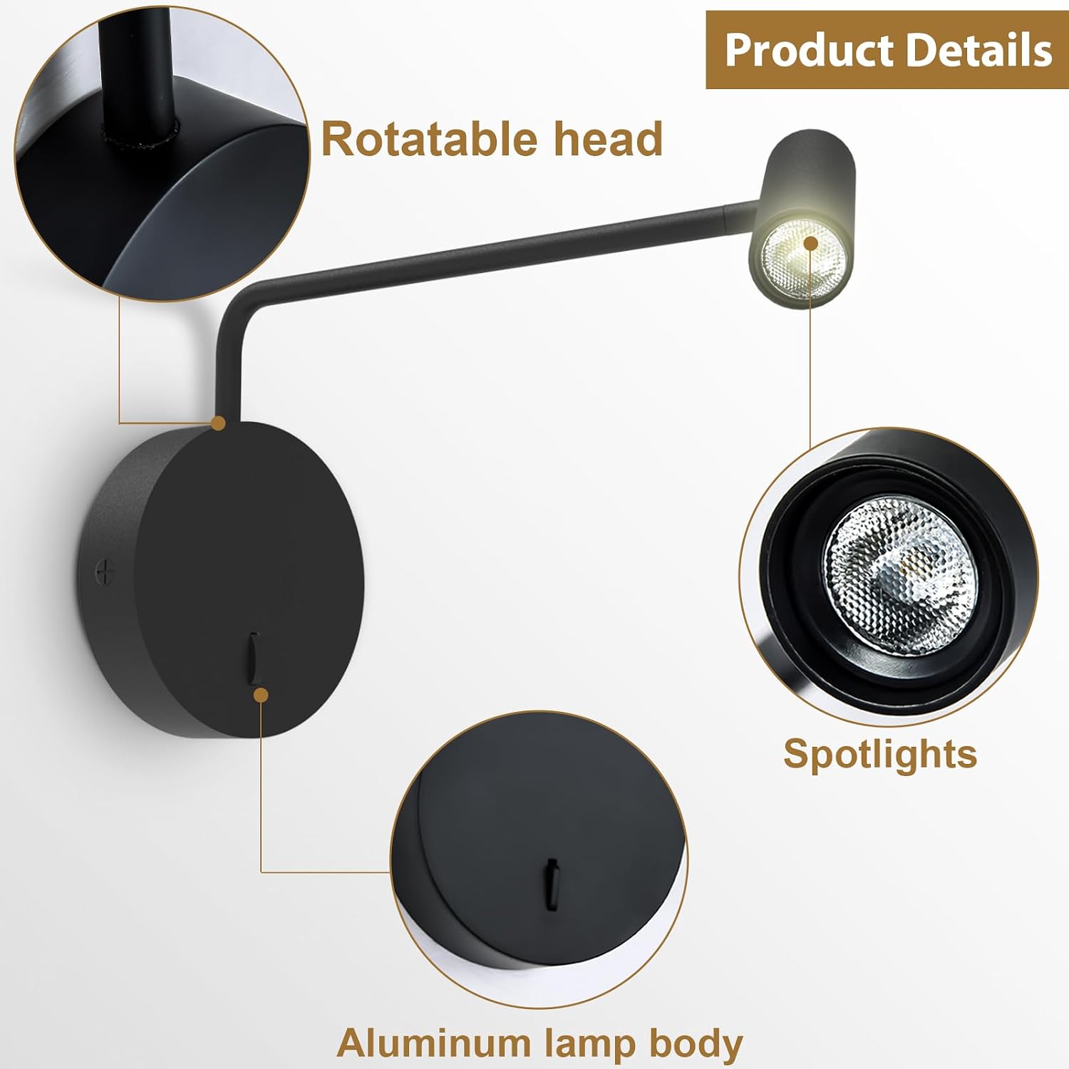 ZEROUNO Wall Mounted Reading Light for Bedroom LED Hardwired Sconce with Switch on/Off Modern 3000K Swing Arm Bedside