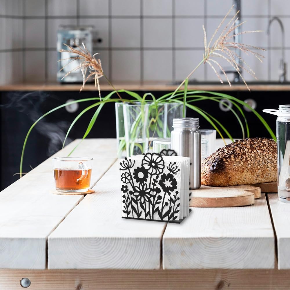 Decorative Metal Napkin Holder / Wildflowers / Black / 4.9 x 5.3 x 1.9