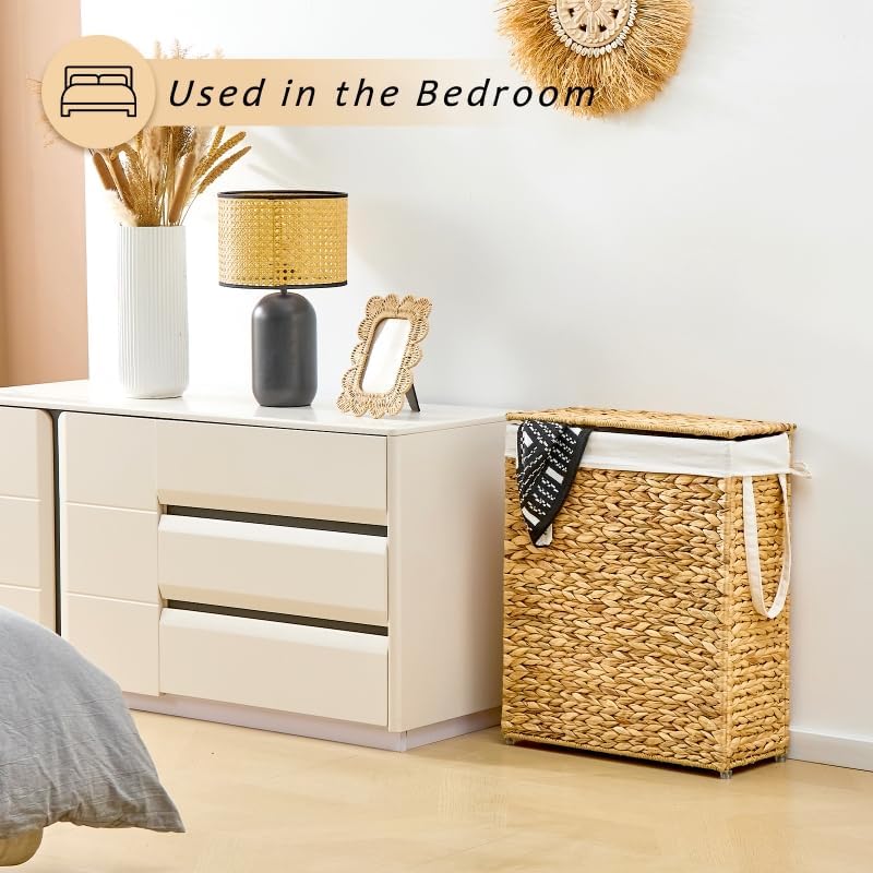 Narrow Wicker Laundry Basket / Hyacinth with Lid / 75L / Natural