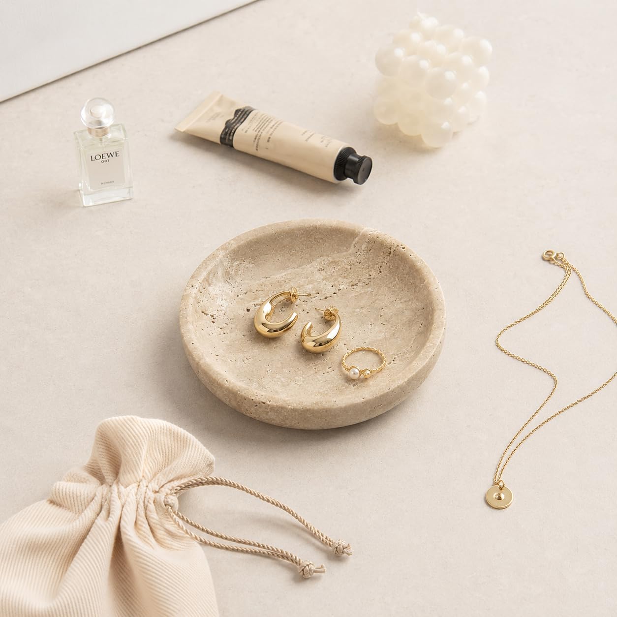 Small Natural Marble Jewelry Tray Key Plate Holder Dish Trinket Decor Catch All / Beige Travertine
