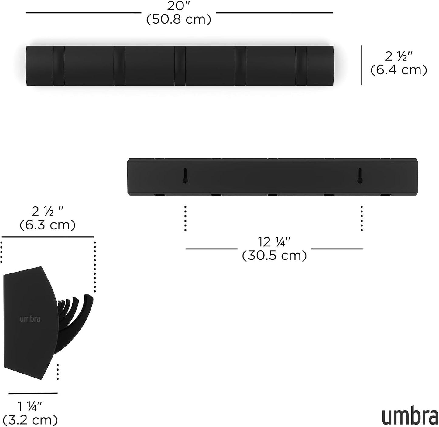 Umbra Flip Coat Rack, Wall Mounted 5-Hook Space Saving, Black/Black | Real wood and steel build, retractable hooks fold