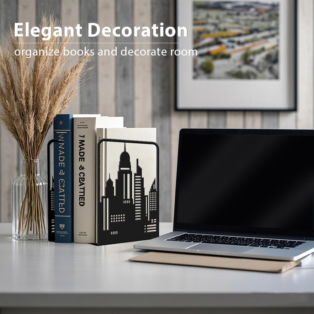 Metal Bookends Heavy Duty Book Shelf Holders City / Skyline Tall Buildings / Black / Set of 2