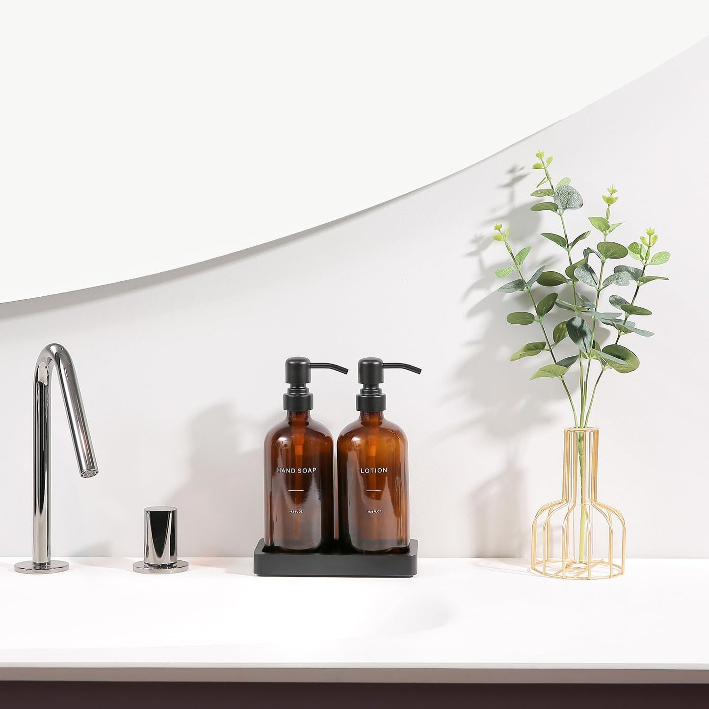 Prus Waso Amber Glass Soap Dispenser Set | Hand Soap and Lotion Set with Black Stainless Steel Pump, Perfect for Modern