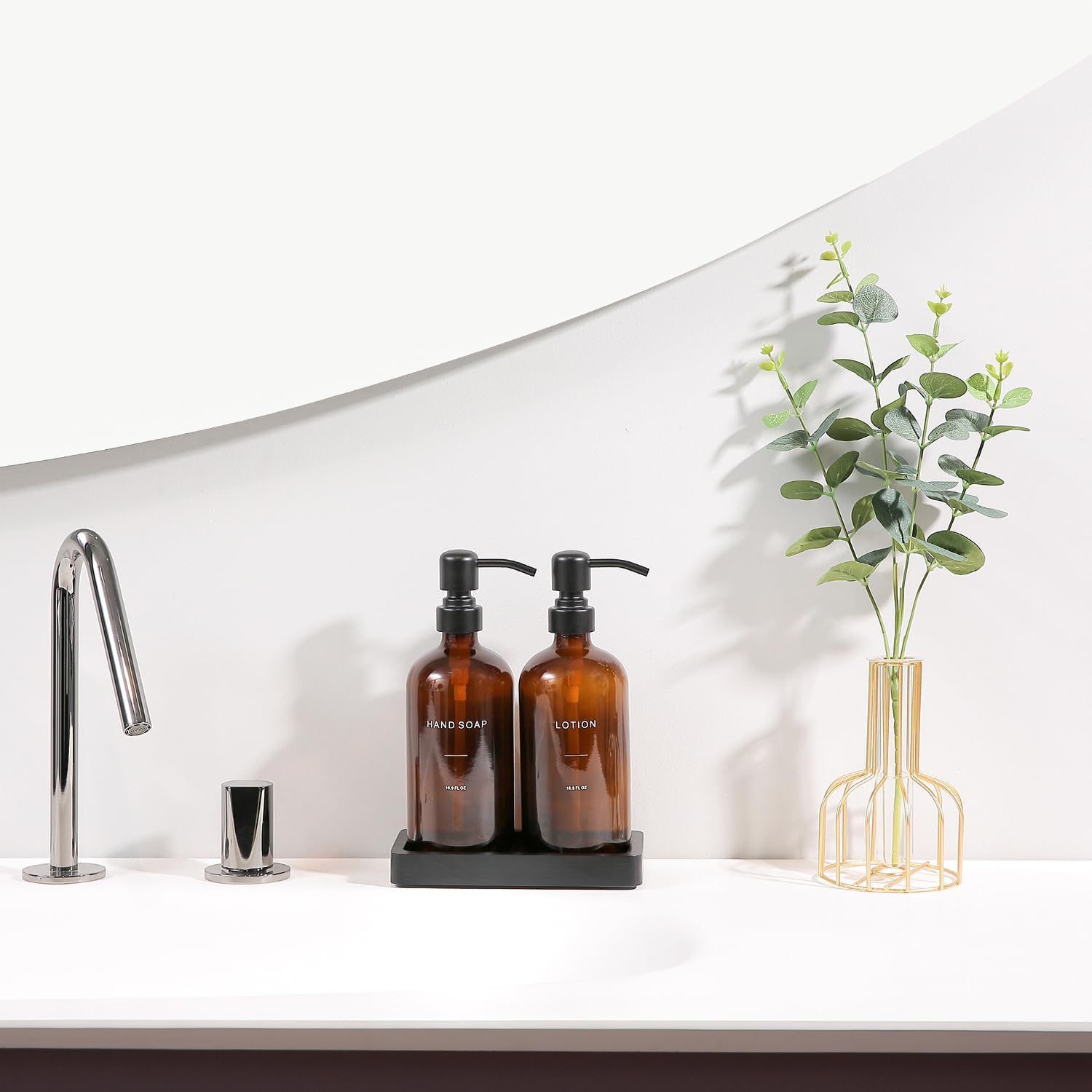 Prus Waso Amber Glass Soap Dispenser Set | Hand Soap and Lotion Set with Black Stainless Steel Pump, Perfect for Modern