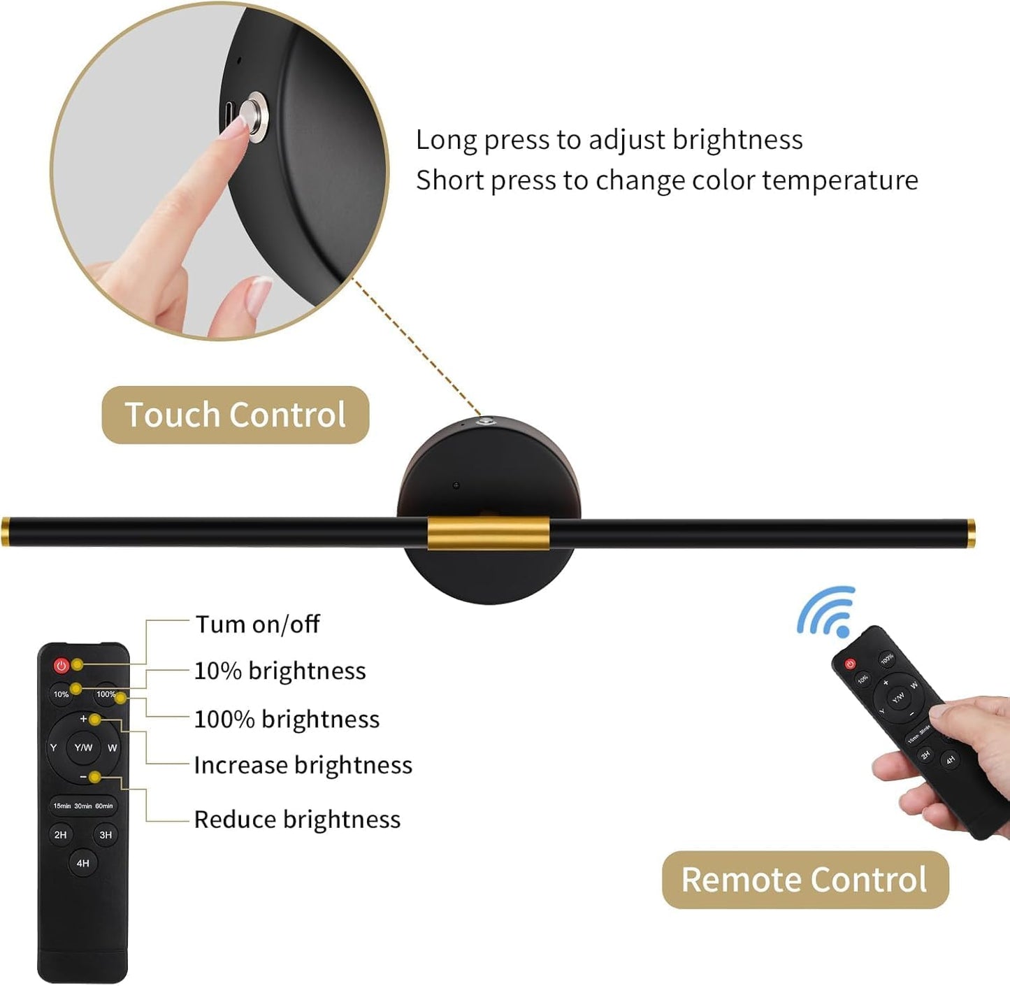 32" Battery Operated Wall Sconce Set of 2, Black Gold Wall Light | Wireless, 8000mAh Rechargeable Battery, Stepless