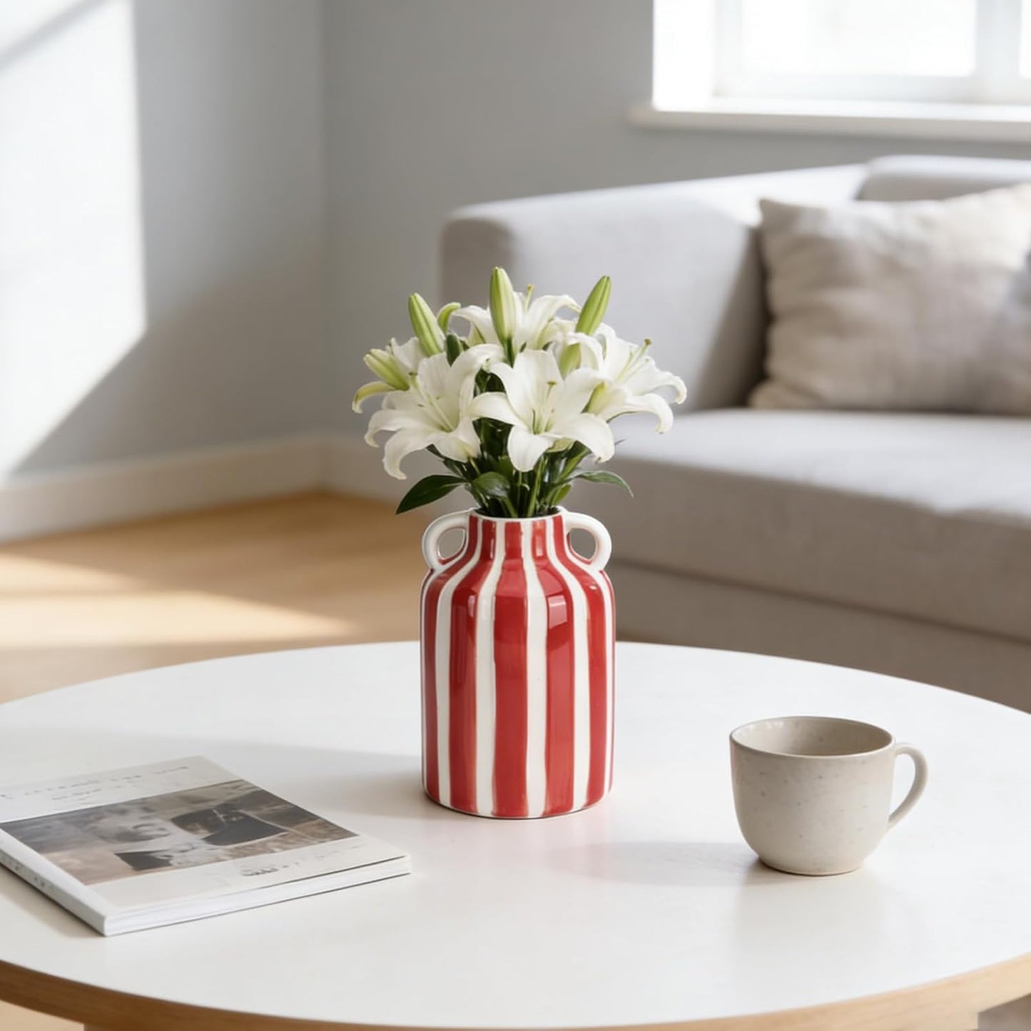 Ceramic Striped Checkered Vase / Red White