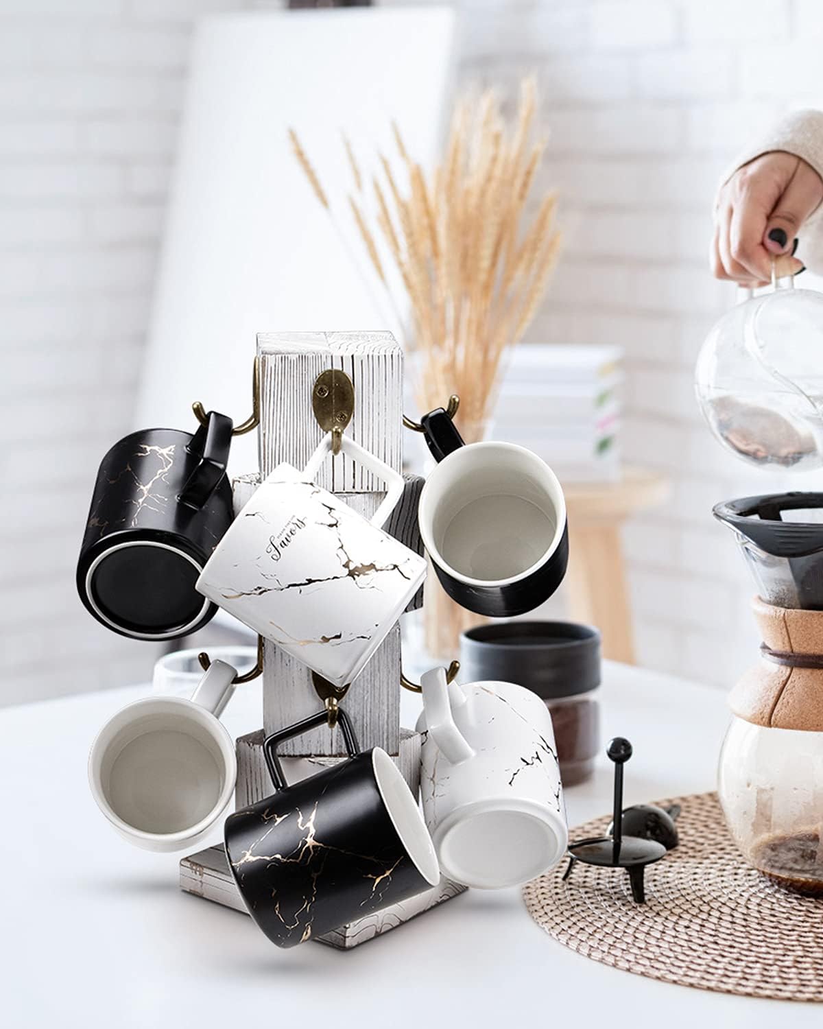 Coffee Mug Holder for Counter, Rustic Solid Wood Mug Tree | Farmhouse Wooden Coffee Cup Rack with 8 Hooks (Farmhouse