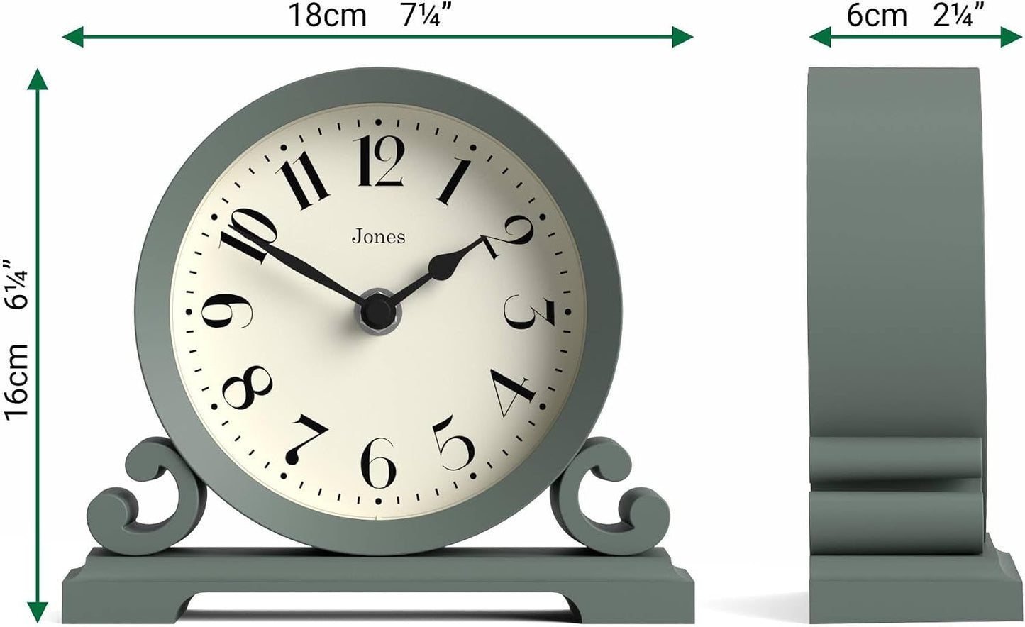 JONES CLOCKS® Saloon Mantel Clock | Small Traditional Double Scroll Design | Green | Contemporary Classic Style for