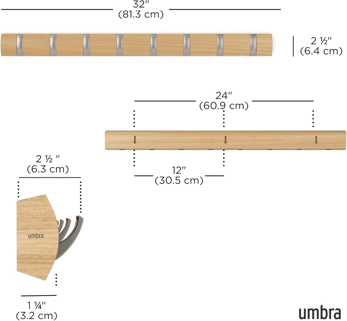 Umbra Flip Coat Rack, Wall Mount 8-Hook, Space Saving, Natural/Nickel | Real wood and steel build, retractable hooks