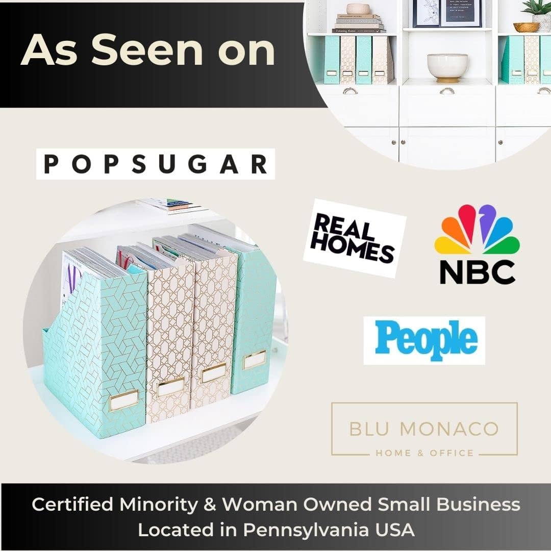 BLU MONACO | Set of 4 Foldable Pink & Aqua Magazine File Holders with Gold Geometric Patterns | Vertical File Organizer