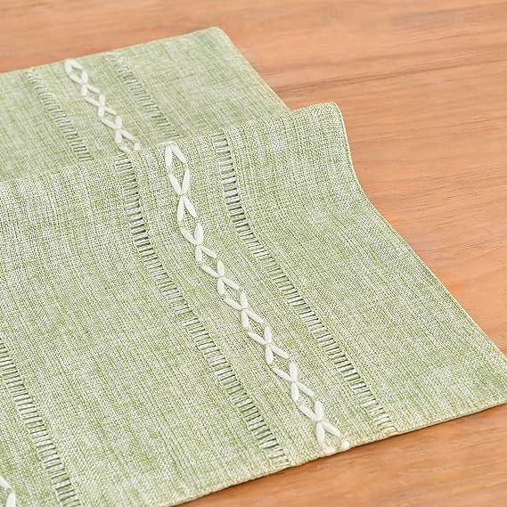 Wracra Cotton Linen Place Mats, Sage Green Embroidered Placemats Set of 6 | Placemats 12 x 18 Inch; Cotton Linen Woven