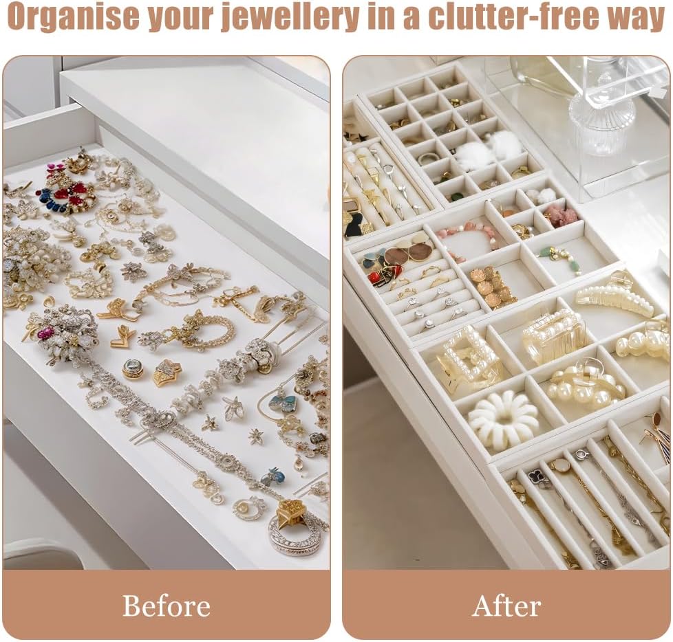 Jewelry Organizer Tray Drawer Inserts Stackable Velvet Liner Dividers / Beige / Set of 10