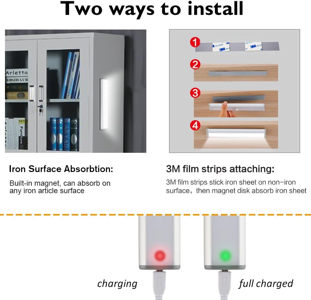 Wireless Motion Sensor Cabinet Lights 10-LED USB Rechargeable Closet Lights LED Under Cabinet Lighting for
