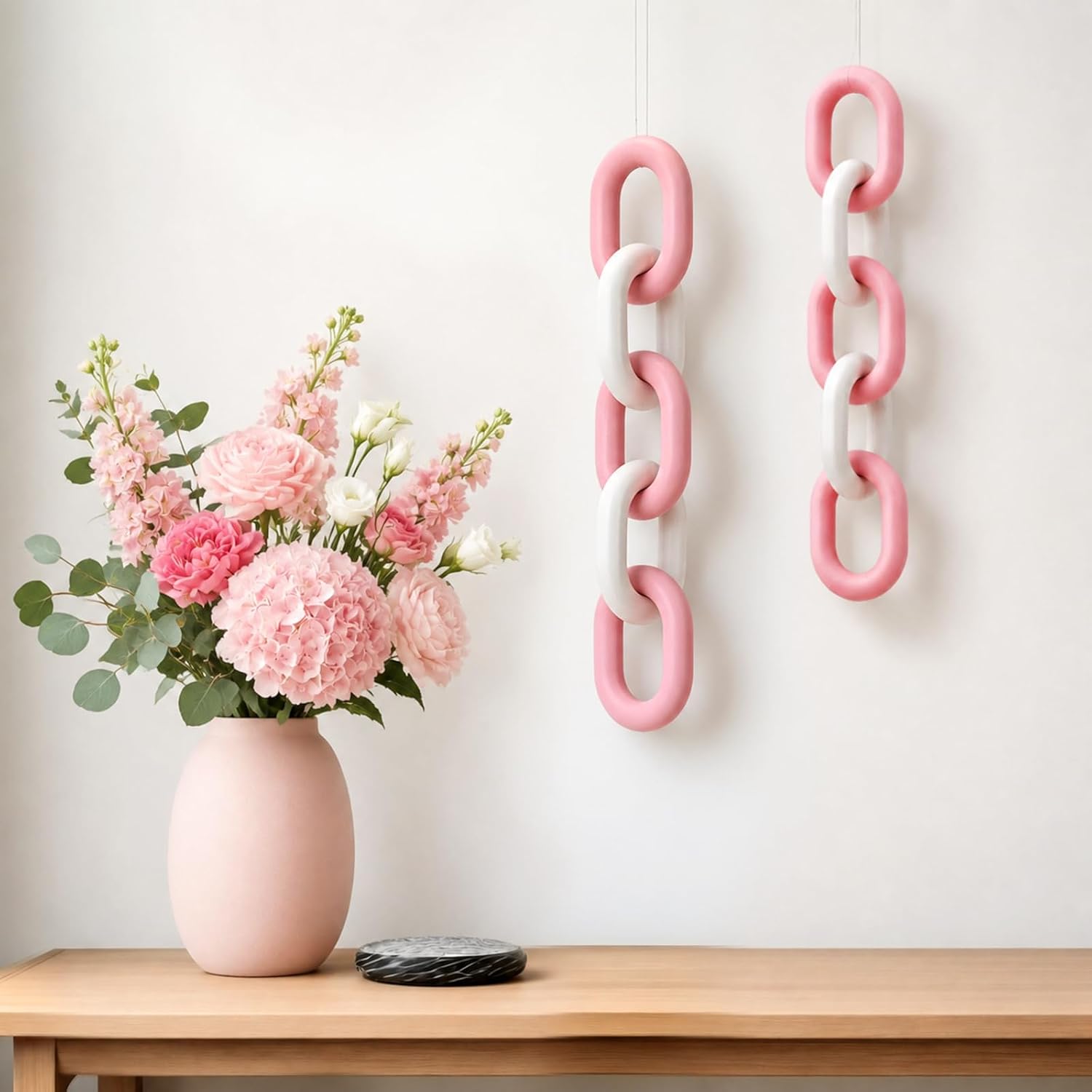 Decorative Wood Chain Link Decor Rustic 5 Link Wooden Chain Ornament / Pink White / 13.78 Inch