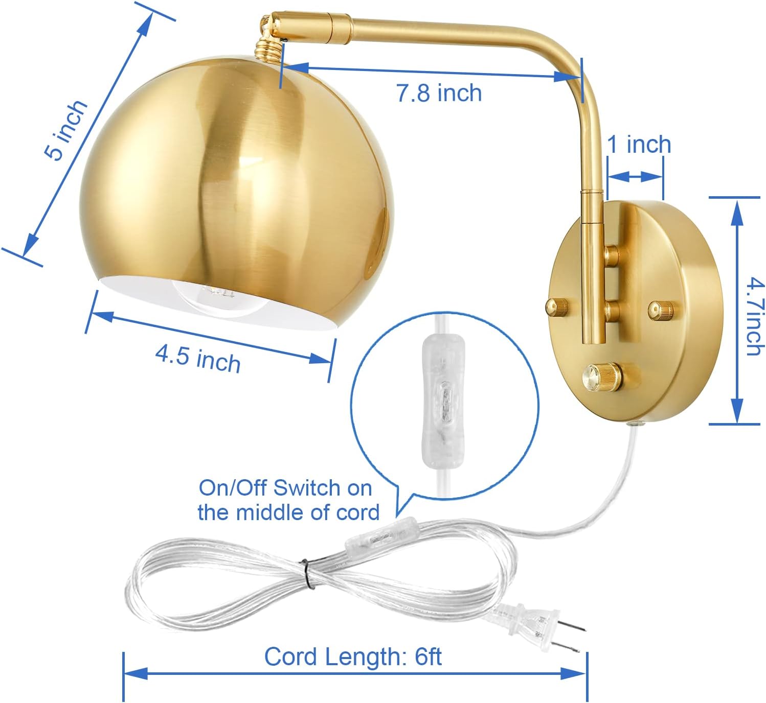 VATONI Plug in Dimmable Wall Sconce Swing Arm Wall Lights with Plug in Cord and Dimmer On/Off Knob Switch, Brushed