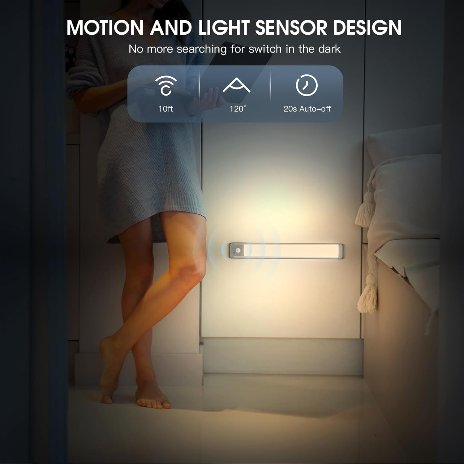 MCGOR 14.7inch Under Cabinet Lighting, 2 Pack Rechargeable Motion Sensor Light Indoor, 5 Levels Dimmable Magnetic