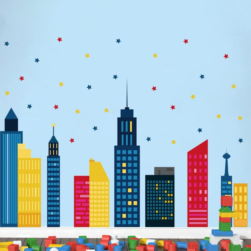 Colorful City Skyline Wall Stickers Building Silhouettes Stars Wall Decals