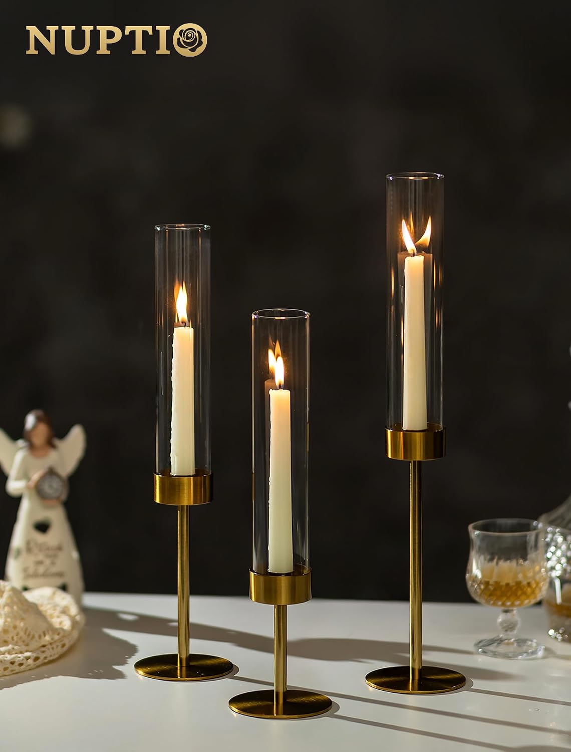 NUPTIO Candlestick Holders for Table Centerpiece, Set of 3 Gold Decor | Candle Sticks Holder with Clear Glass