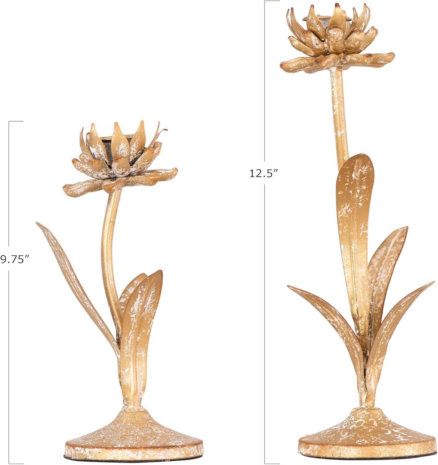 Creative Co-Op Cut Metal Flower Shaped Taper Candle Holder in Distressed Gold Finish (Set of 2 Sizes)