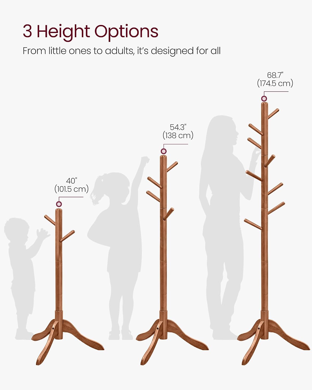 VASAGLE Solid Wood Coat Rack, Free Standing, Tree-Shaped, with 8 Hooks | Coat Tree，3 Height Options, for Clothes, Hats