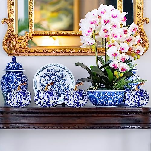 Winlyn 4 Pcs Faux Decorative Blue and White Fabric Pumpkins Chinoiserie Chic Pumpkins Foam Pumpkins for Gifts Farmhouse Thanksgiving Halloween Fall Wedding Table Centerpiece Mantel Bowl Decorations