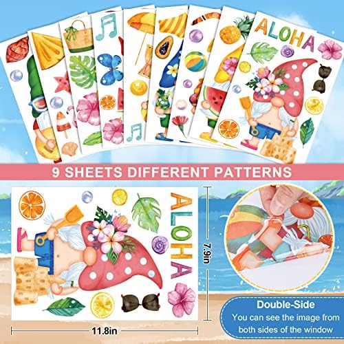 Whaline Summer Window Clings Gnomes Beach Hawaii Window Decals Tropical Fruits PVC Clings Stickers for Summer Home Room Classroom Decor Party Supplies, 9 Sheets