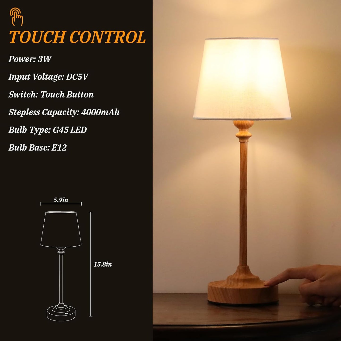 Kakanuo Cordless Table Lamps Rechargeable Set - 2 Pack Wooden 4000mAH Battery Operated Lamps for Decor, 3000K Stepless