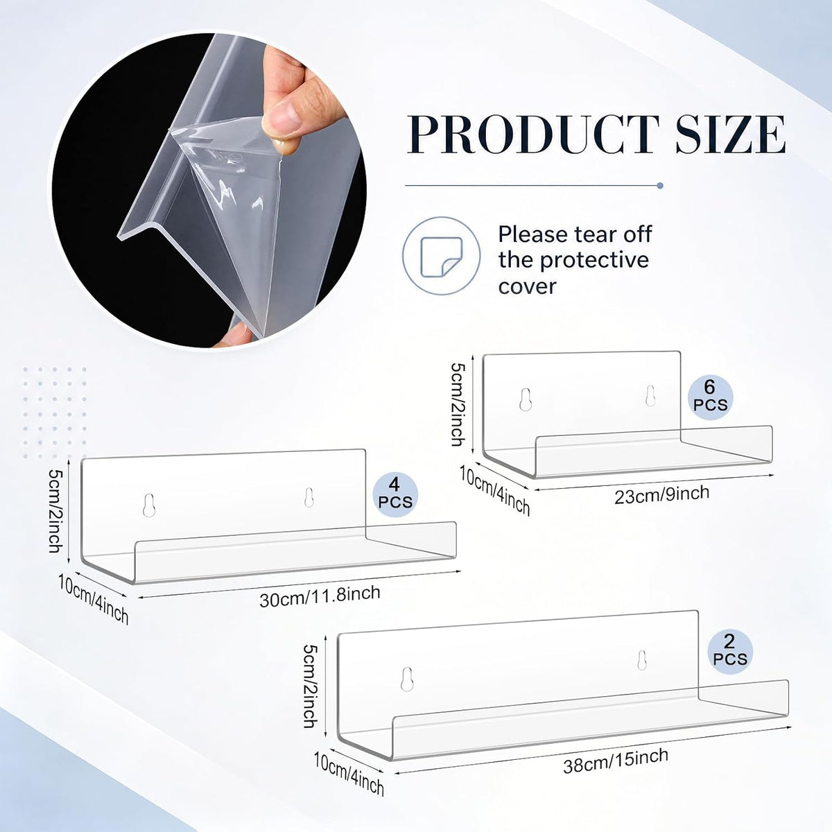 Blulu 12 Packs Multiple Sizes Acrylic Floating Shelf Wall Mounted Invisible Acrylic Shelf Ledge Floating Bookshelf for