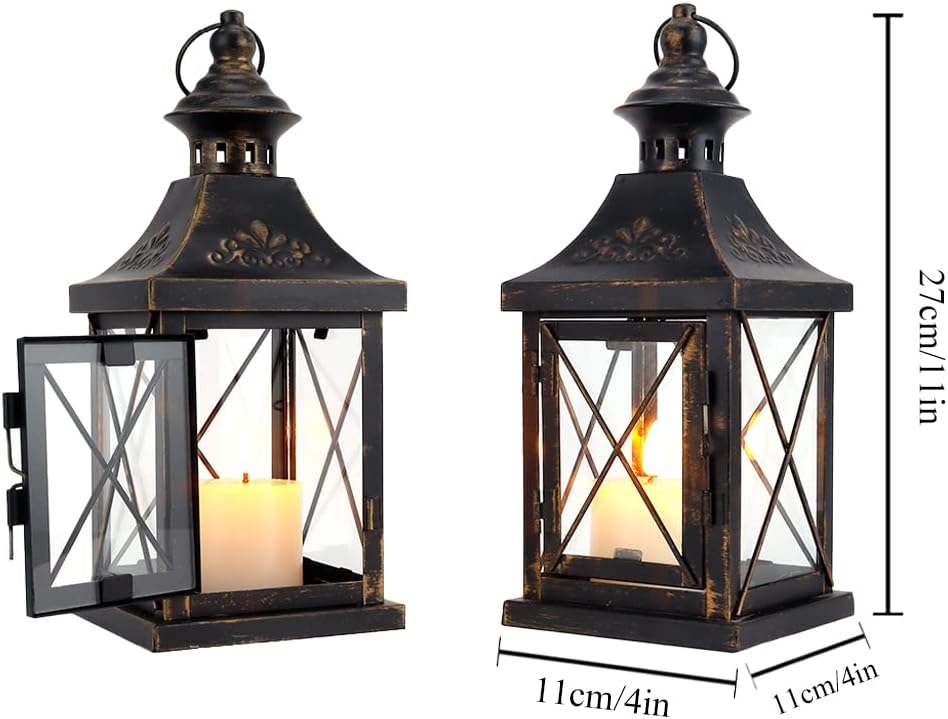 TRIROCKS Set of 2 Decorative Candle Lantern 11'' High Metal Candle Holder Hanging Lantern Perfect for Home Decor