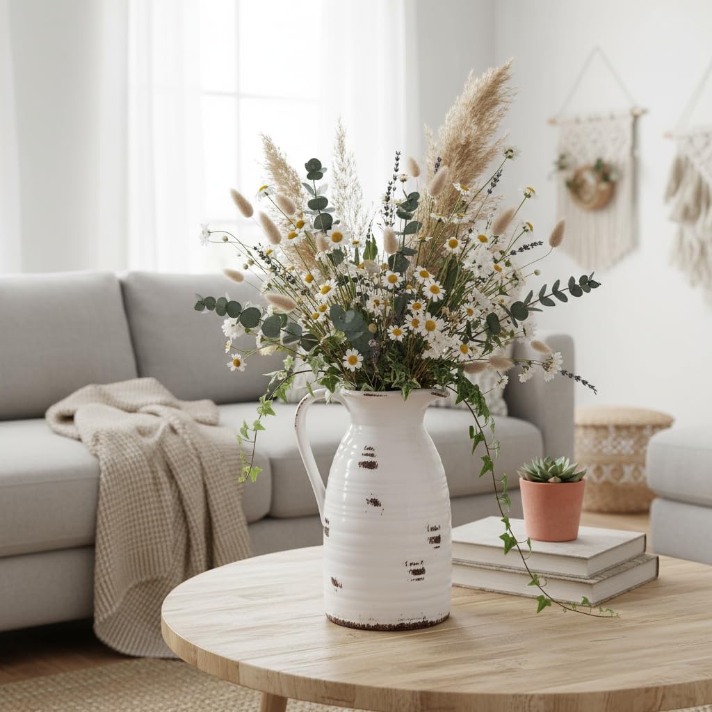 Farmhouse Pitcher Vase for Flowers- Ceramic Pitcher Vase Decrative / White and Qntique Pitcher Vase