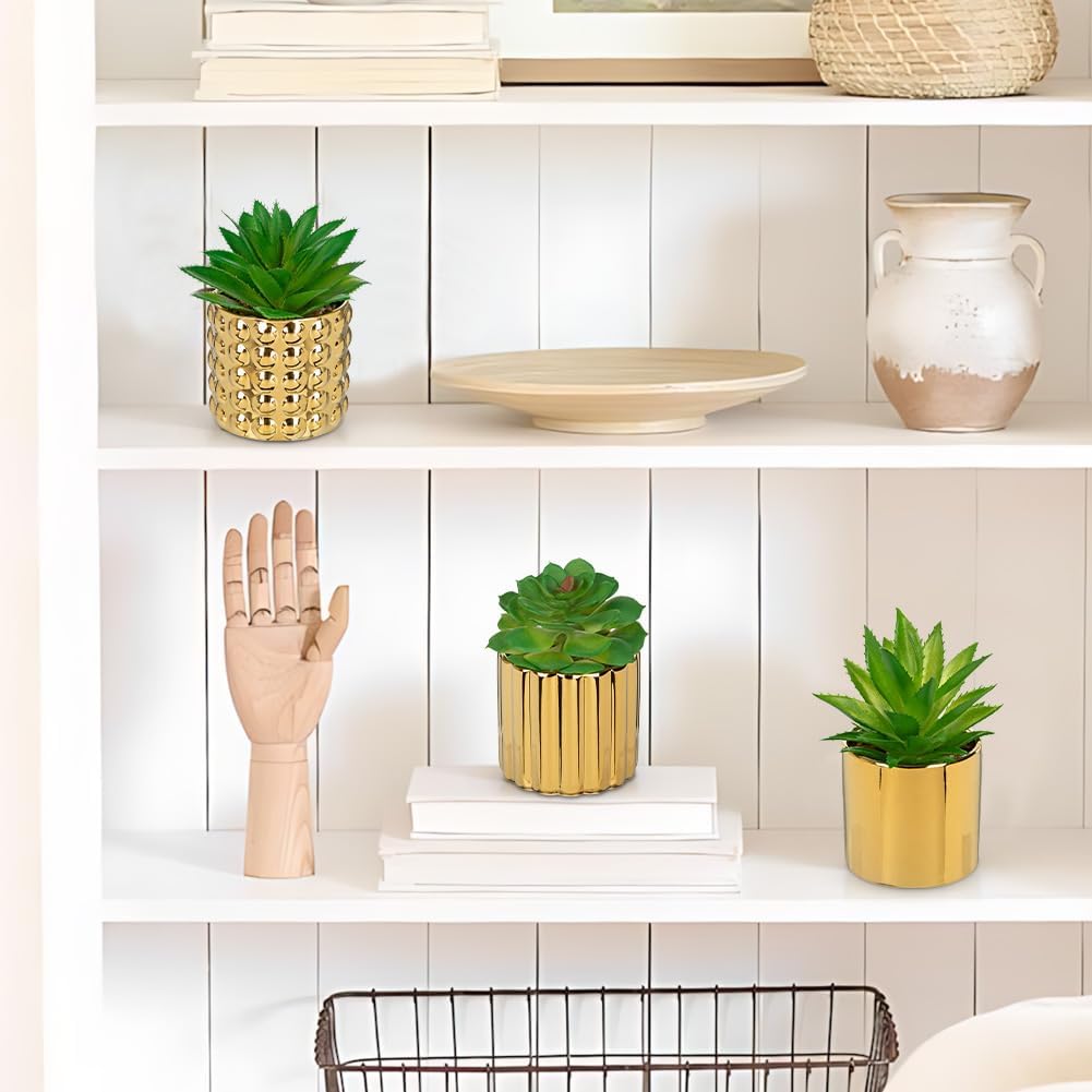 Succulents Plants Artificial in Ceramic Pots / Gold / Set of 3