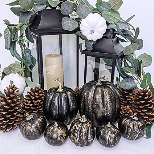 Winlyn 7 Pcs Assorted Artificial Gold Brush Black Pumpkins Rustic Decorative Halloween Faux Foam Pumpkins for Fall Halloween Thanksgiving Tabletop Centerpiece Mantel Kitchen Decor