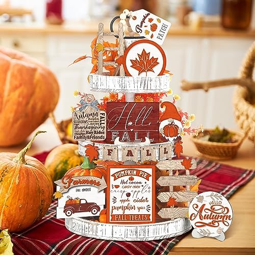 Huwena 16 Pcs Fall Tiered Tray Decor Thanksgiving Table Centerpieces Wood