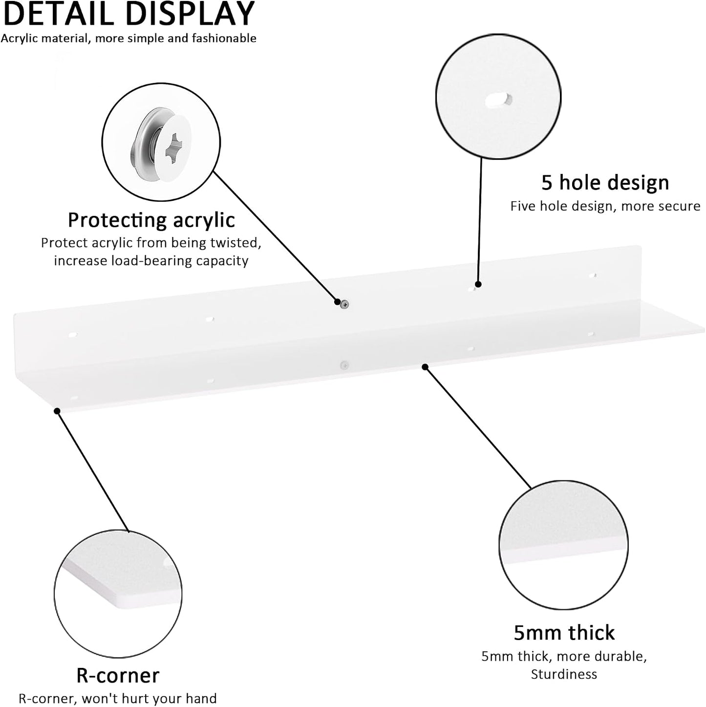 Sezanrpt 30 Inch White Floating Shelves for Wall Décor, Acrylic Storage Wall Shelf Holder, Wall Mounted Home Organizer