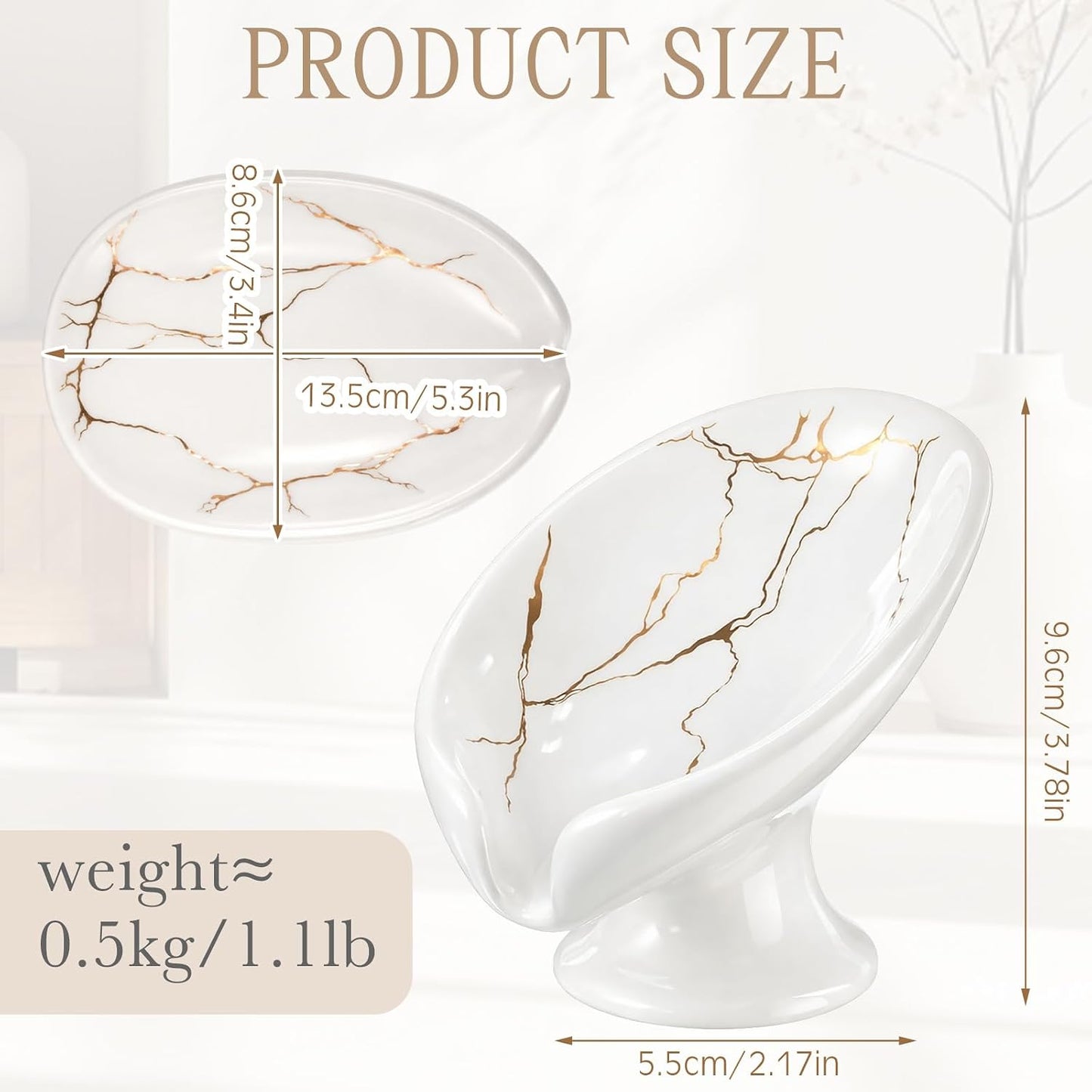 Soap Dishes for Bar Soap Holder Ceramic Decorative Self Draining Leaf Shape / White Gold / Set of 2