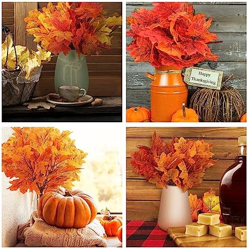 Tigeen 8Pcs Fall Leaves Faux Maple Leaves Stems Thanksgiving Decor, Vibrant