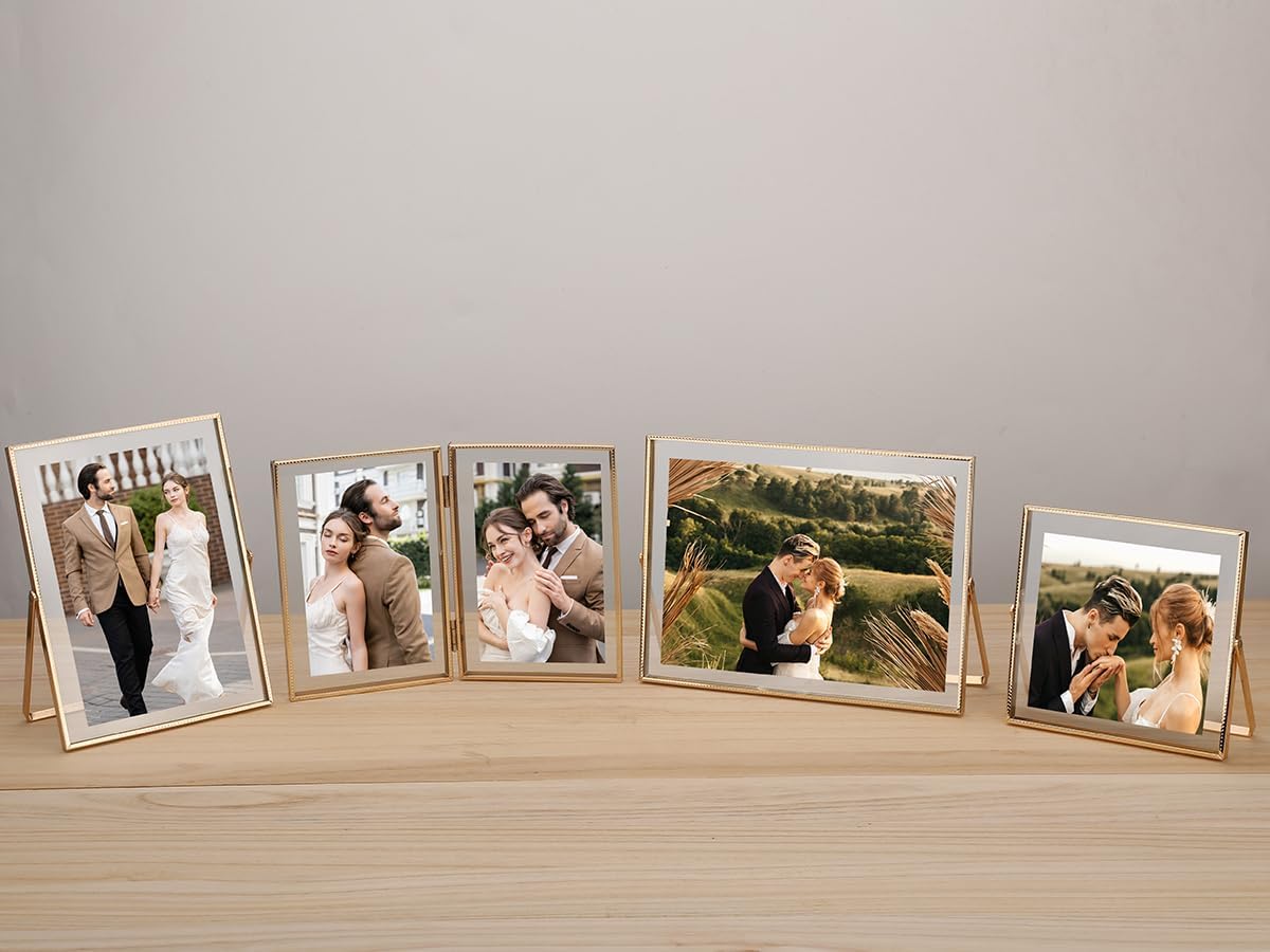5x7 Triple Floating Frame,Metal Beaded Edge,Gold | Tempered glass, adjustable tabletop/shelf photo frame, for photo