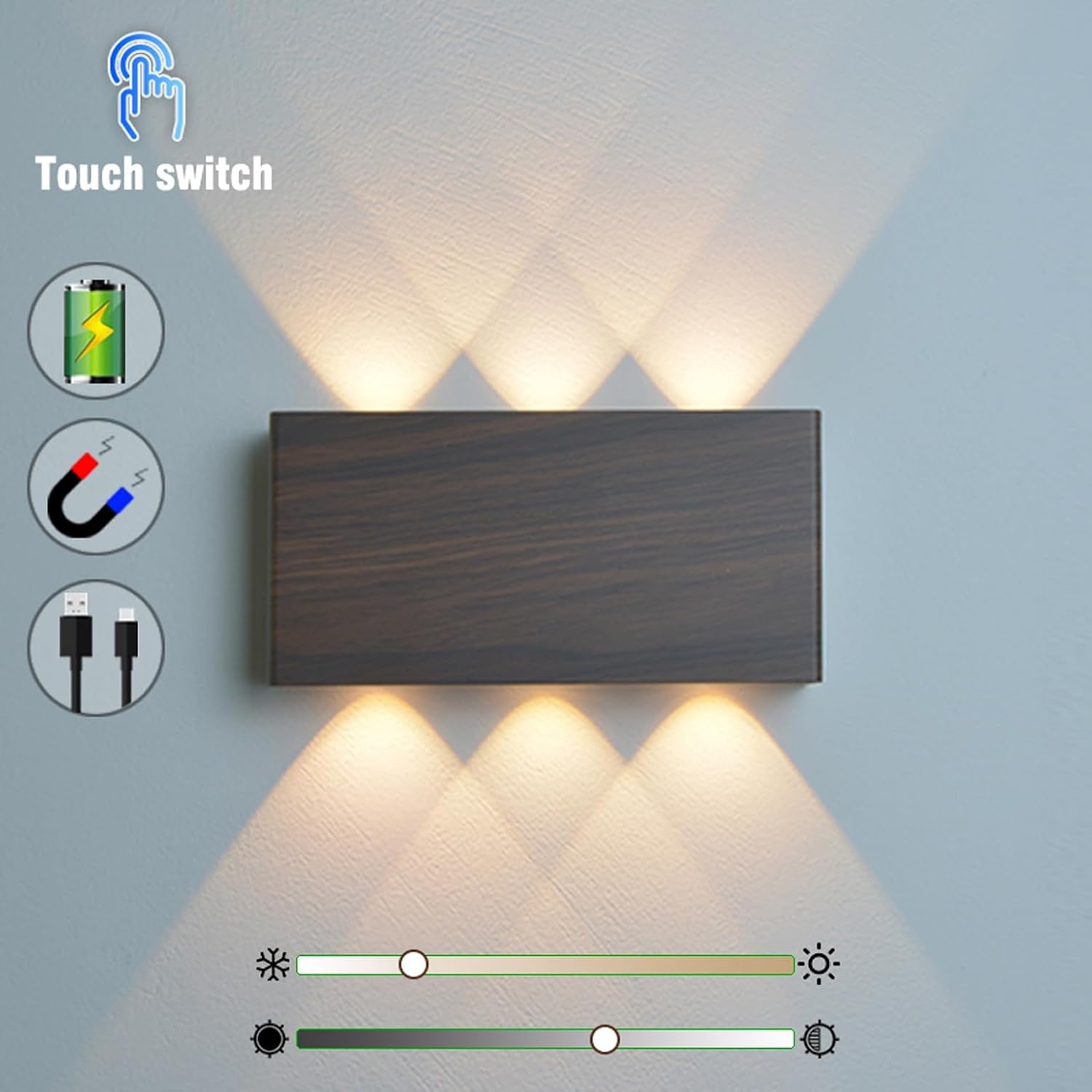 2 Pcs LED Magnetic Wall Sconce Lights,5000mAh Wireless Bedside Wall Light USB Rechargeable Reading Wall Lamp,3 Lighting