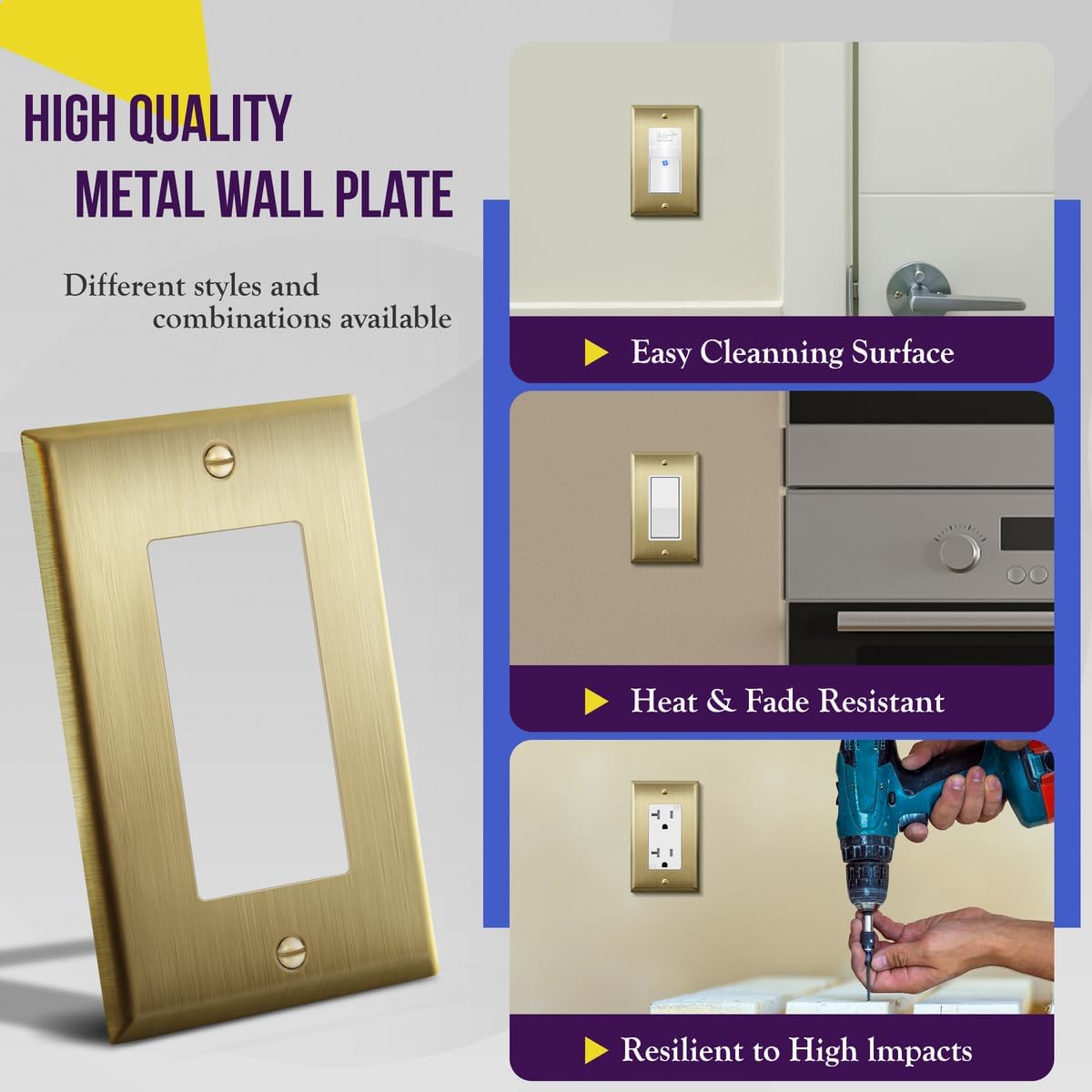 ENERLITES Decorator Switch or Outlet Metal Wall Plate, Stainless Steel 201, Corrosion Resistant, Size 1-Gang 4.50" x