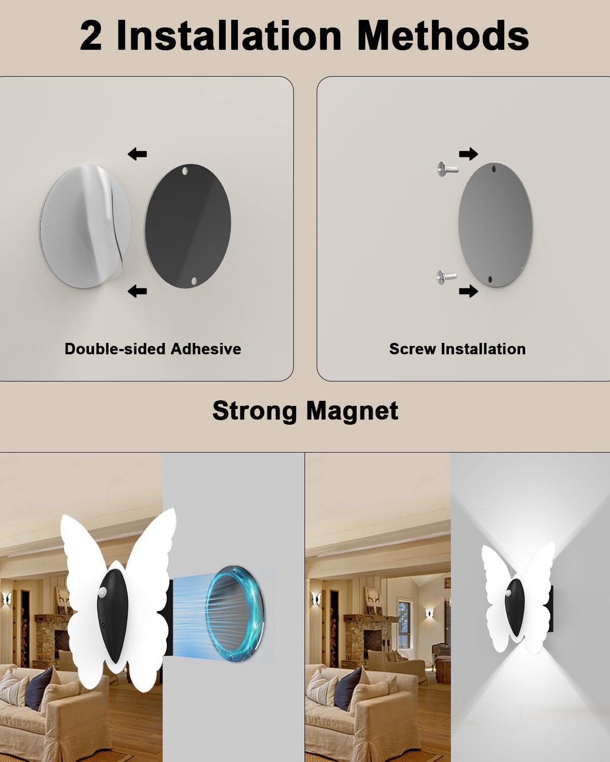 Eneru Motion Sensor Wall Sconce Set of 4, Rechargeable Wall Lights, White | 5000mAh Battery Operated Wall Sconces
