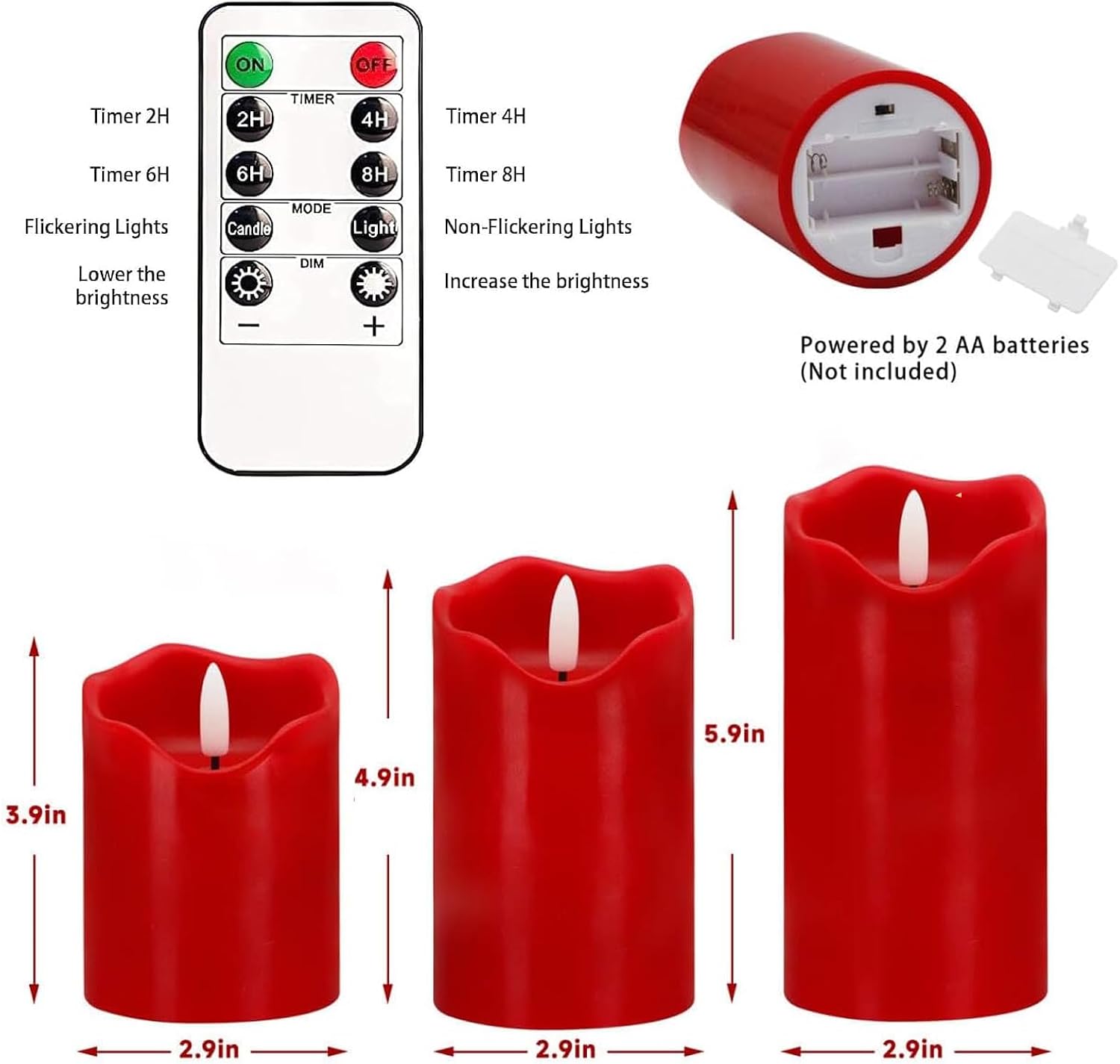 Red Flameless Candles Set of 3, Christmas LED Candles with Remote & Timer | Flickering Real Wax Pillar Candles Battery