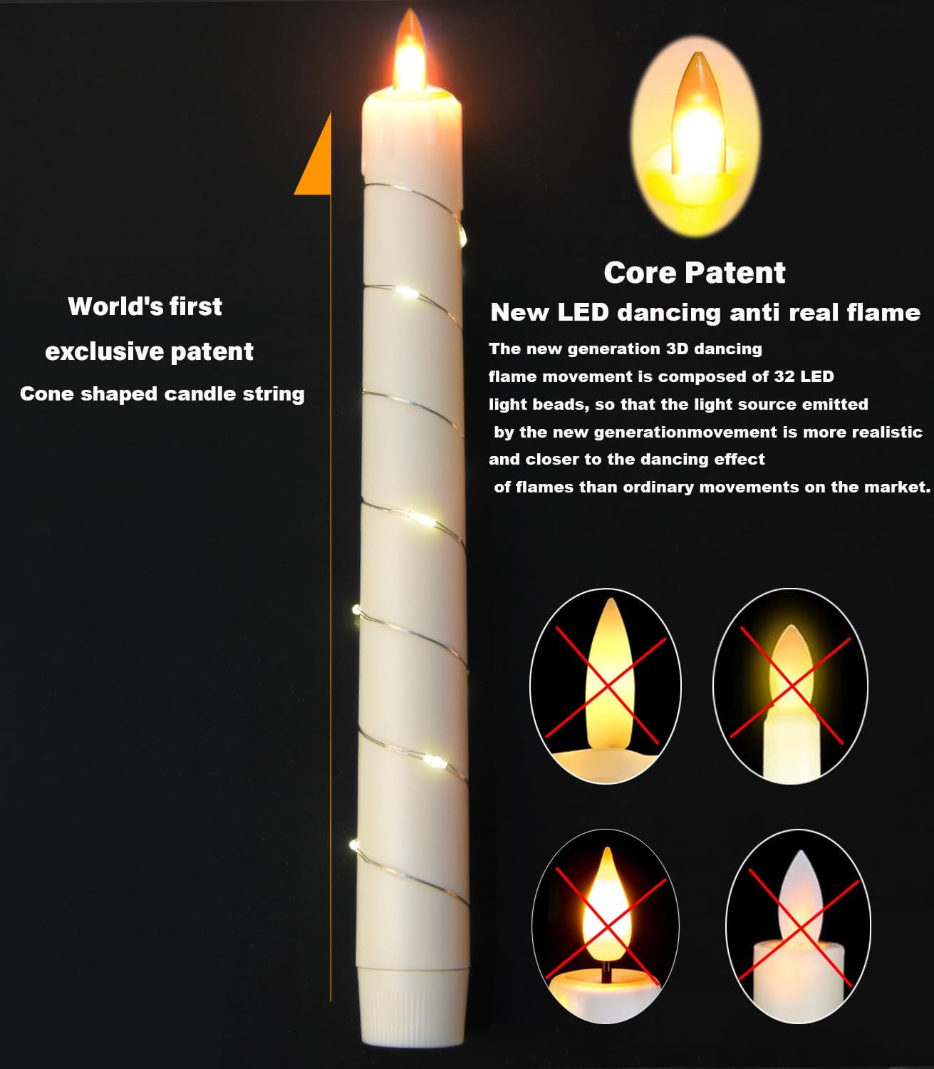 danip flameless Cone Candle, Patented Starlight String, with 11 Timing Key Remote Control, Battery Powered, Patented