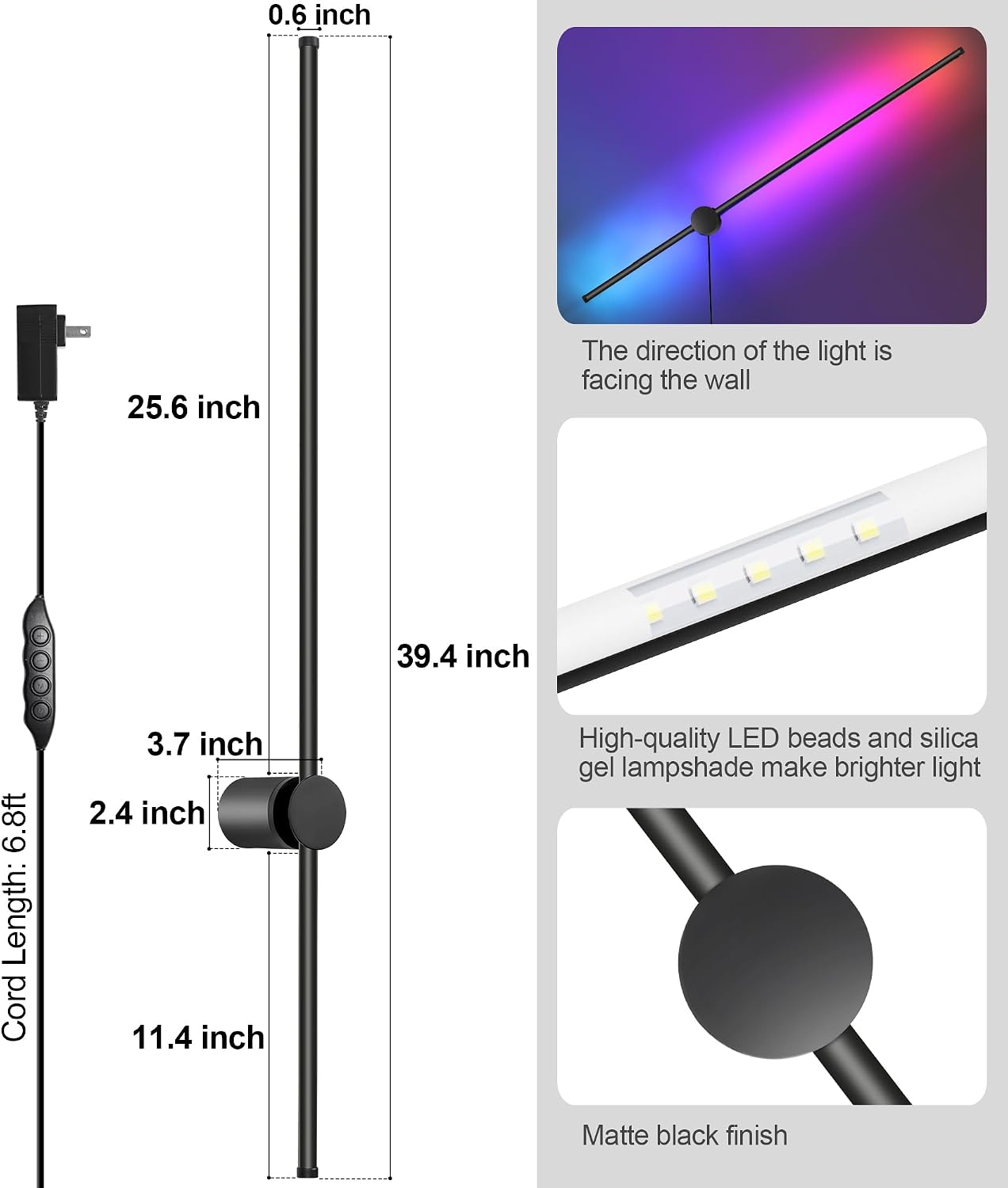 RGB LED Wall Sconces Set of Two with Remote, 15 Color Modes, Dimming, DIY 180° Rotate, Black Plug in Wall Sconces with