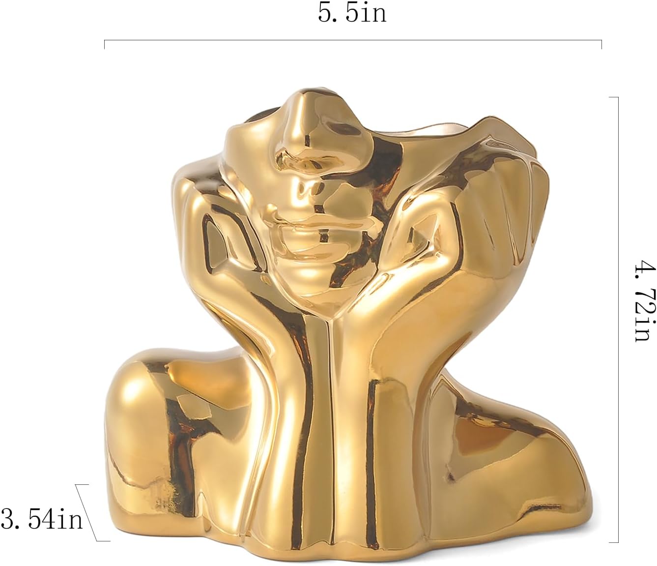 Ceramic Human Face Decorative Vase / Golden Hands On Cheeks / Gold
