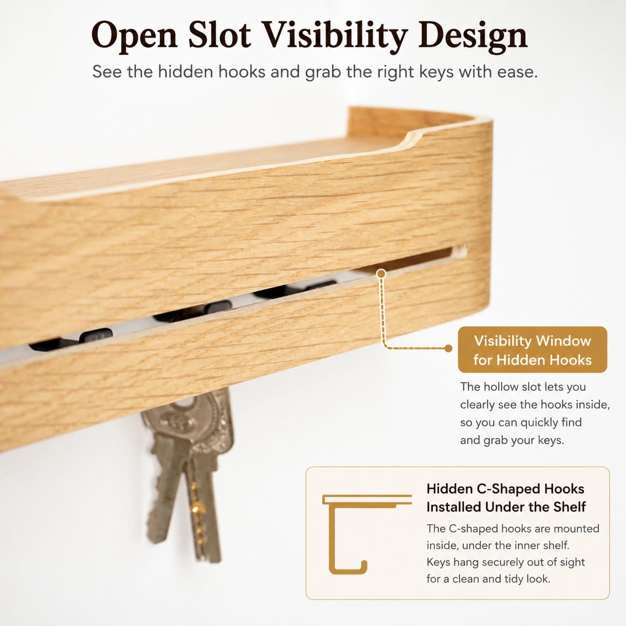 5 Hidden Hooks Minimalis Key Hanger Rack Wood Modern Hollow Key Hook Mail Organizer Tray / Oak-a